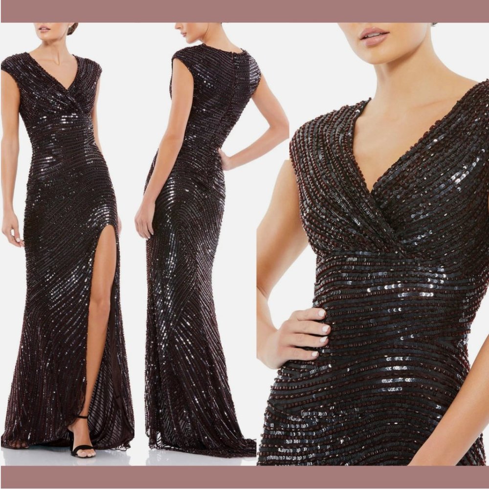 NWT $698 Mac Duggal [ 14 ] Cap Sleeve Sequined Evening Gown‎ Brown #Q618